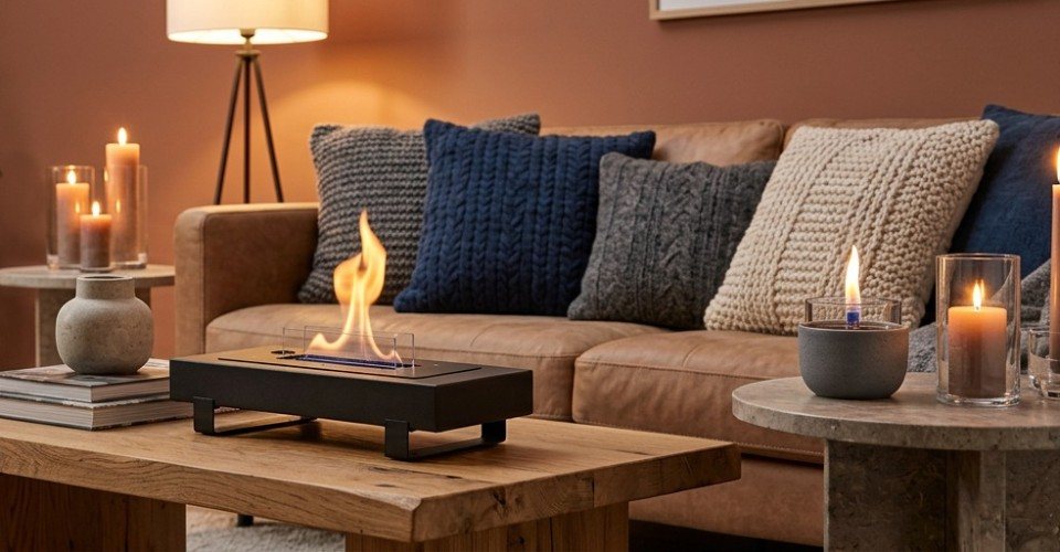 Σαλόνι με επιτραπέζια εστία TenderFlame και κεριά